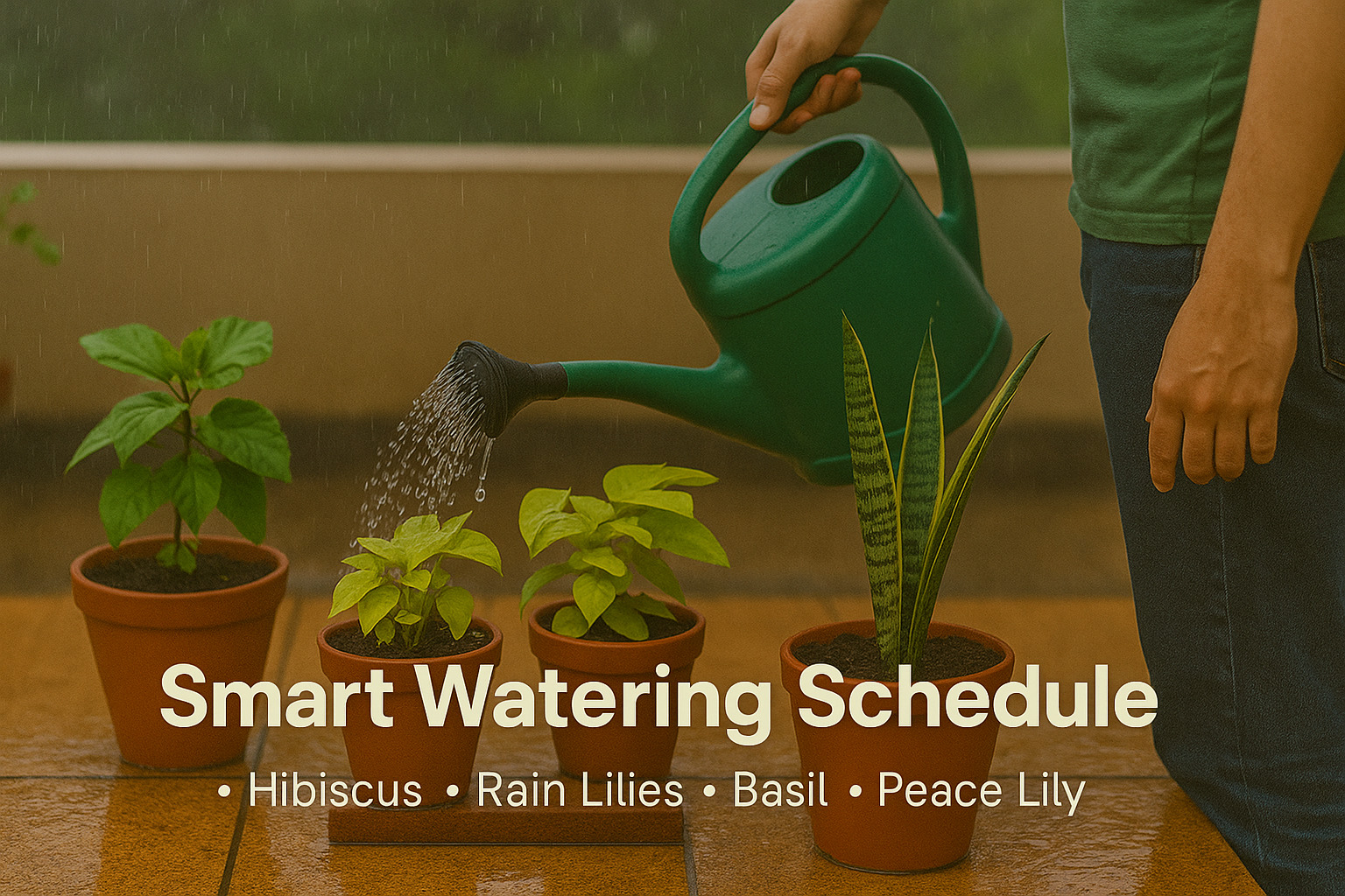 Smart watering schedule for balcony plants during monsoon – person using watering can on potted hibiscus, basil, peace lily, and rain lilies in rainy weather